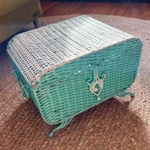 Aqua & White wicker basket w/ lid & hand crafted metal latch, handles & feet